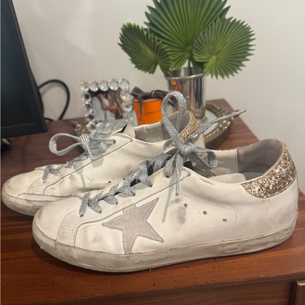 Golden Goose Superstar Leather Glitter Low-top Sneakers White & Gold